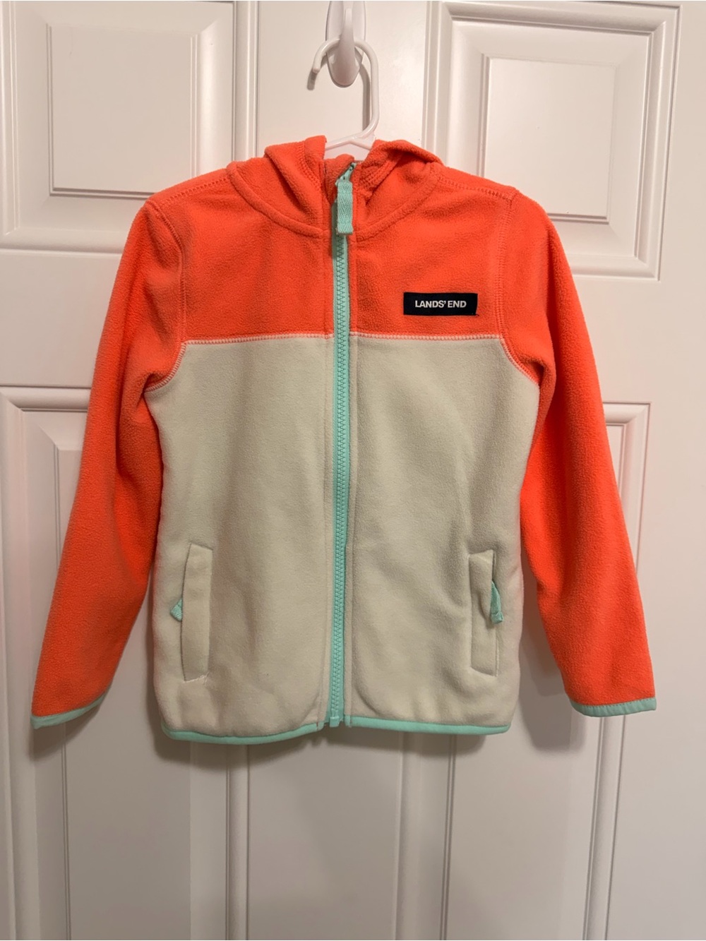 Lands' End Girls' Colorblock Fleece Hoodie - Coral & Mint Trim